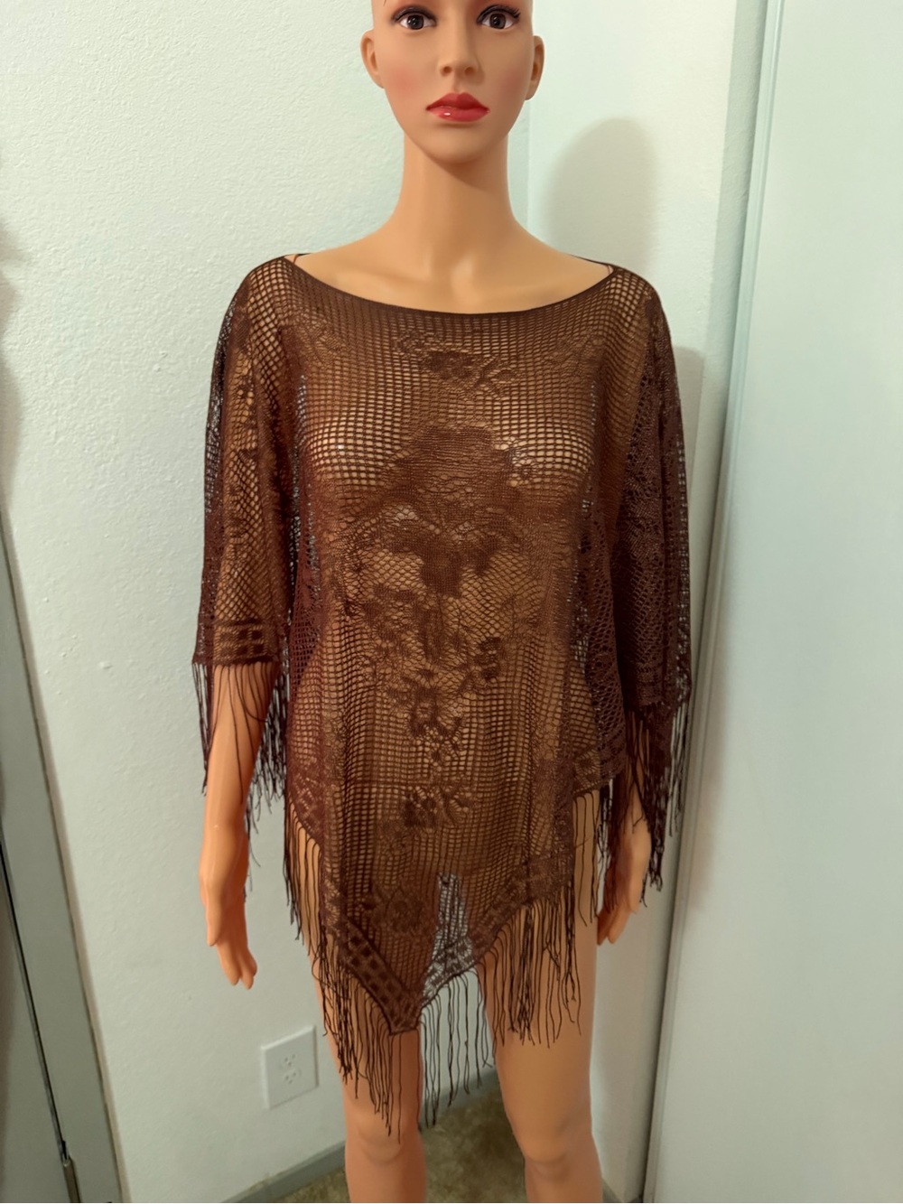 Brown Crochet Lace Beach Cover Up Fringe Boho One Size Swimwear Poncho